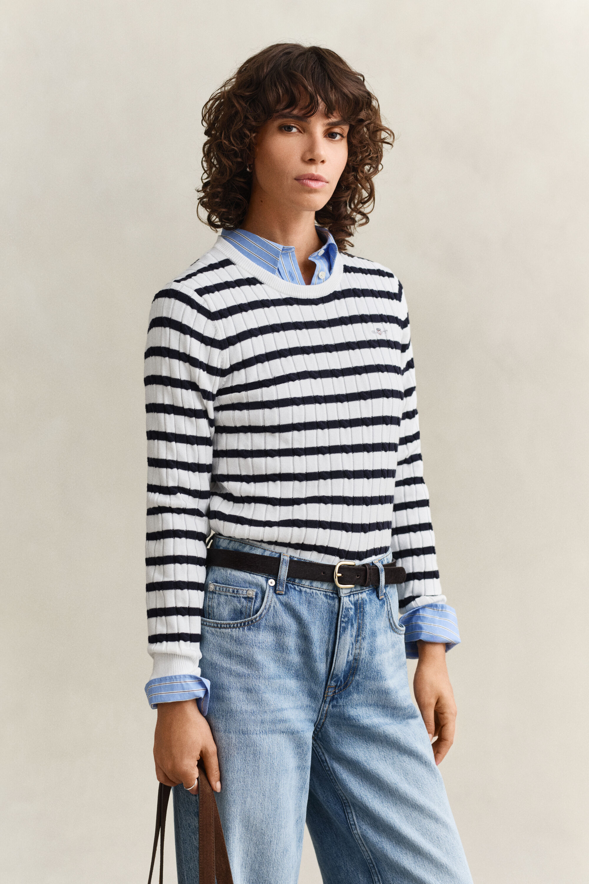 Striped Cable Knit Crew Neck Sweater