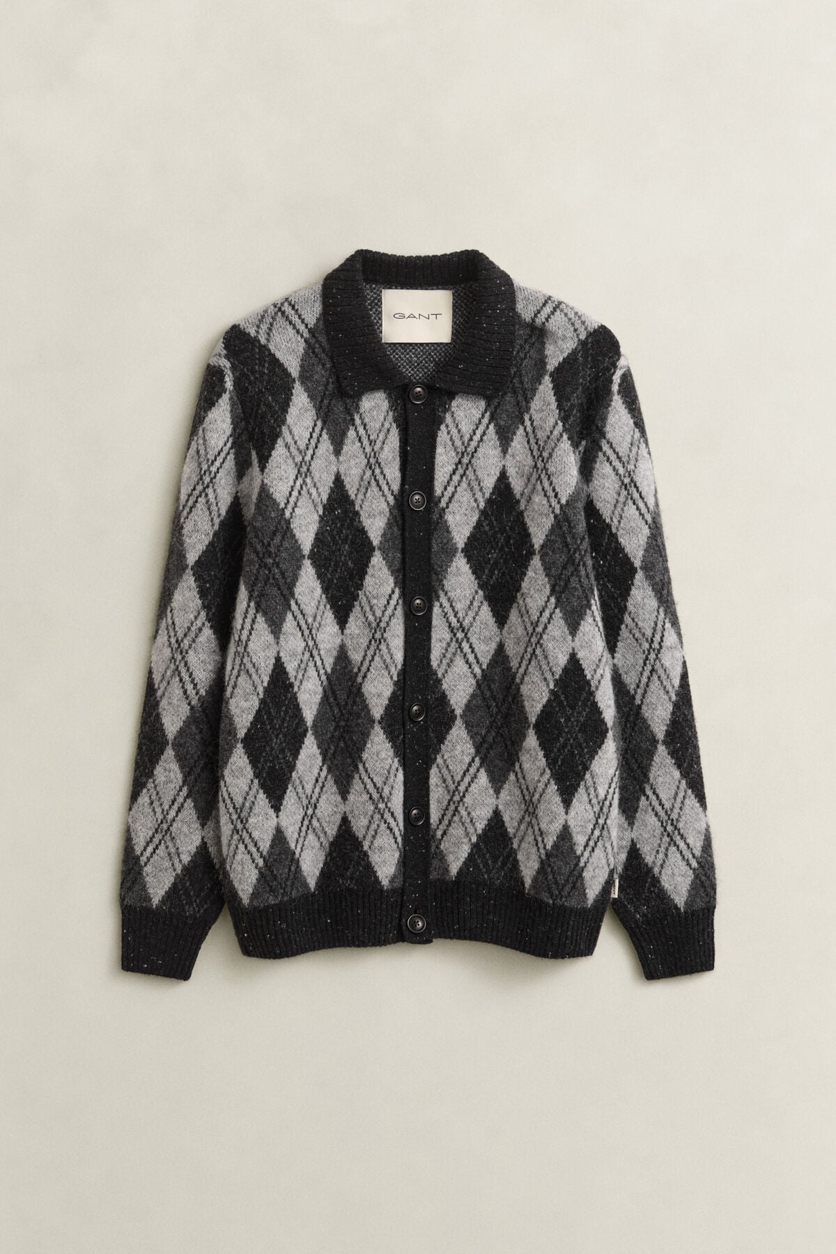 Alpaca Wool Blend Argyle Polo Cardigan — BLACK