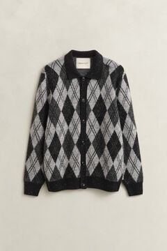 Alpaca Wool Blend Argyle Polo Cardigan — BLACK 1