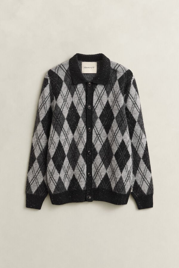 Alpaca Wool Blend Argyle Polo Cardigan — BLACK