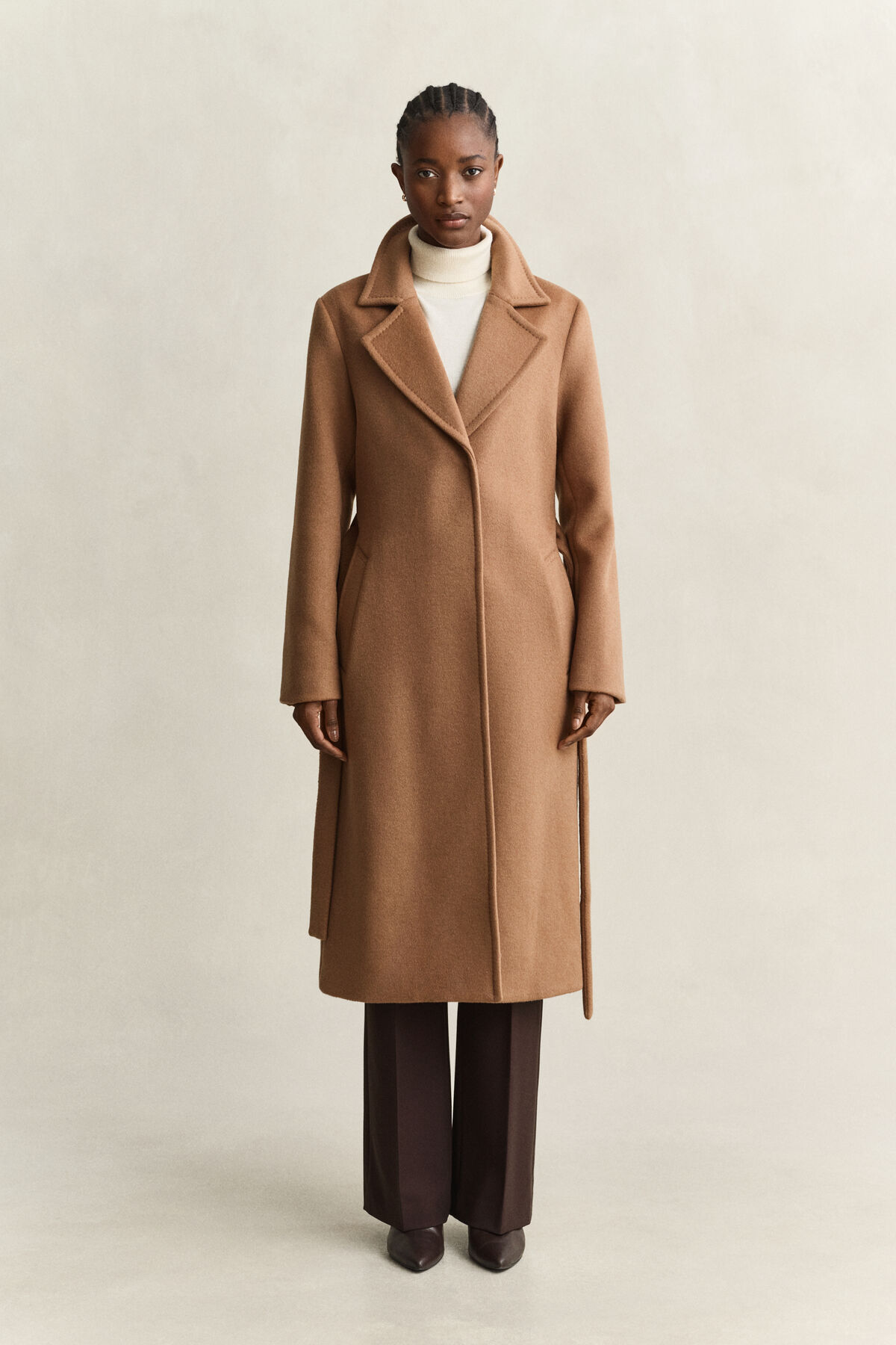 Belted Wool Blend Coat — ROASTED WALNUT