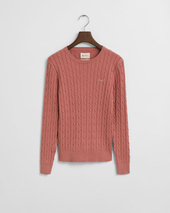 Stretch Cotton Cable Knit Crew Neck Sweater