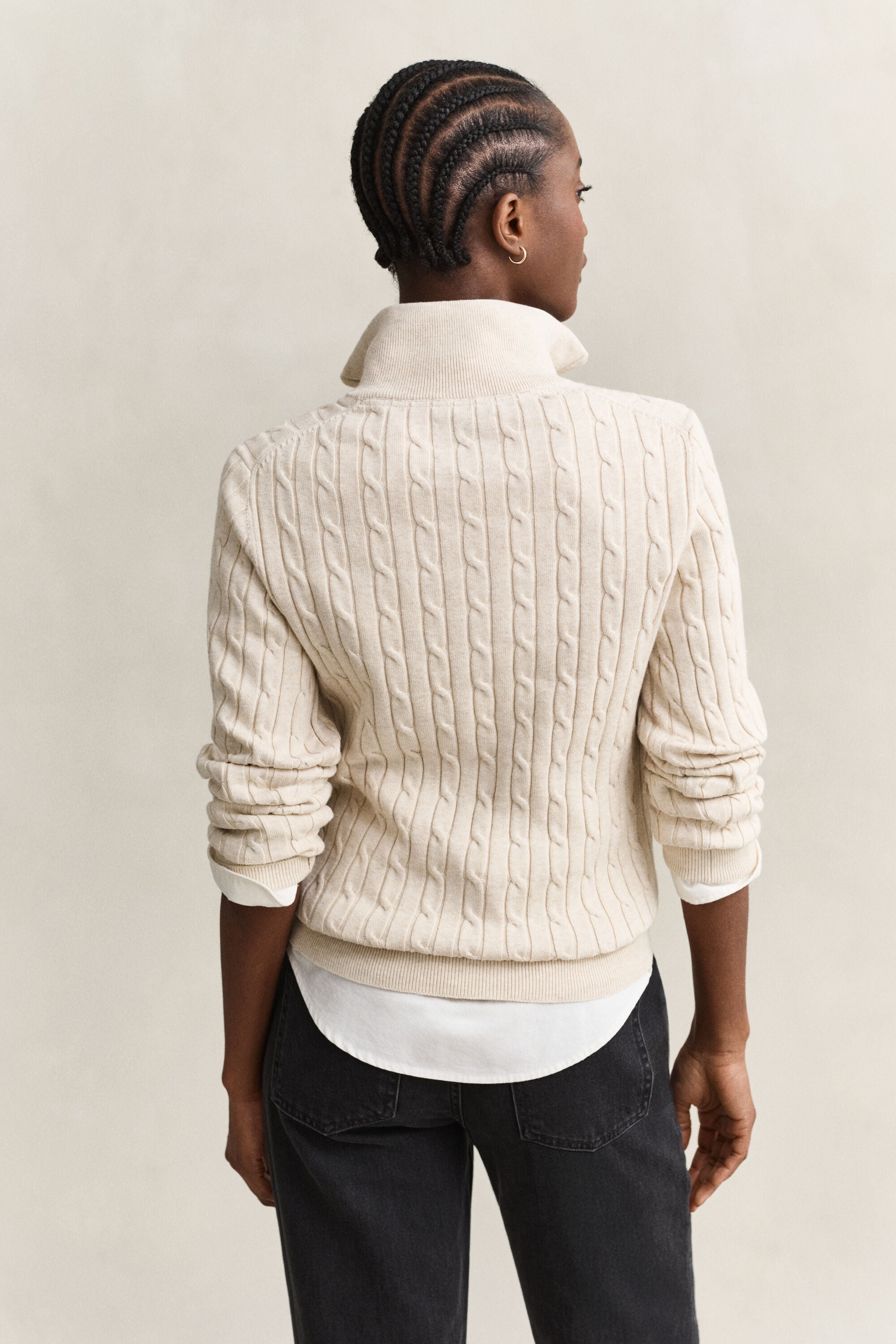 Stretch Cotton Cable Knit Half-Zip Sweater
