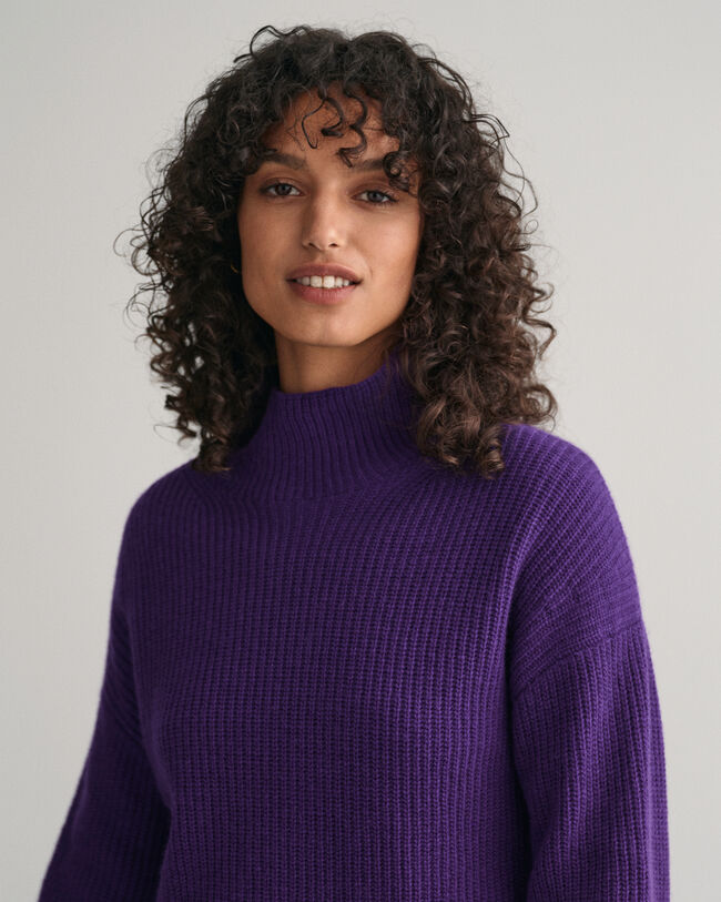 Ribbed Wool Stand Collar Sweater