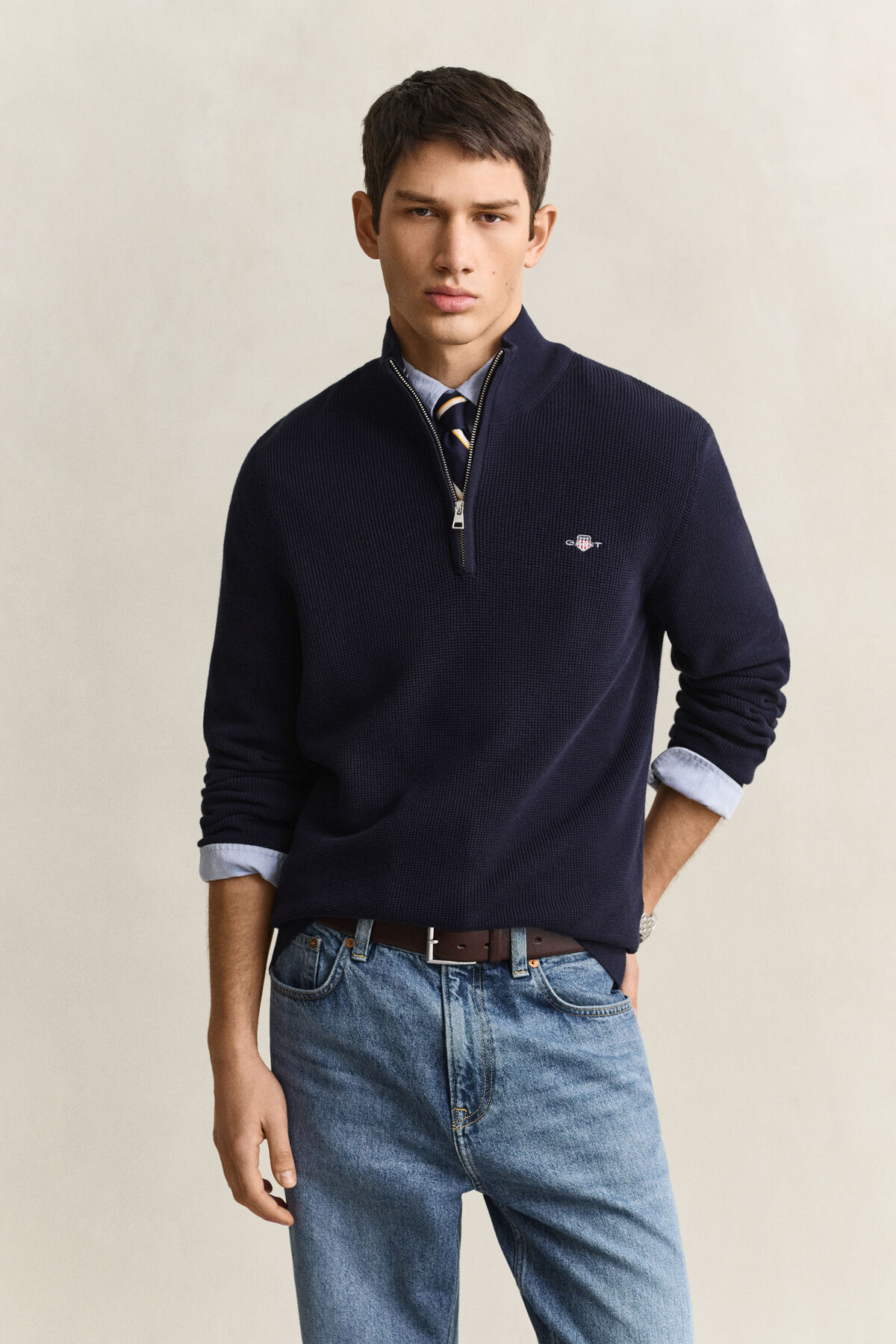Textured Cotton Half-Zip Sweater — EVENING BLUE