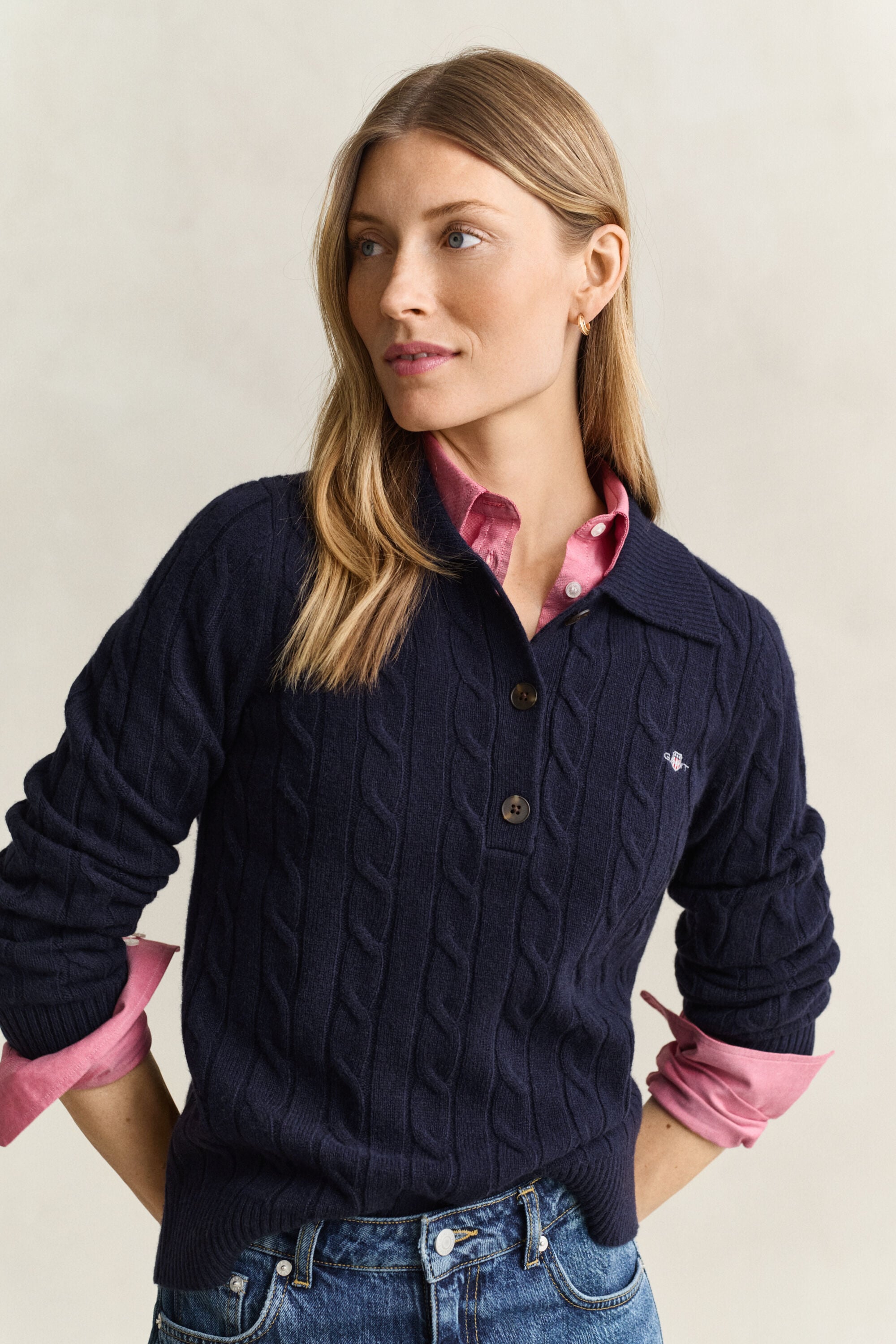 Lambswool Cable Knit Rugger — EVENING BLUE