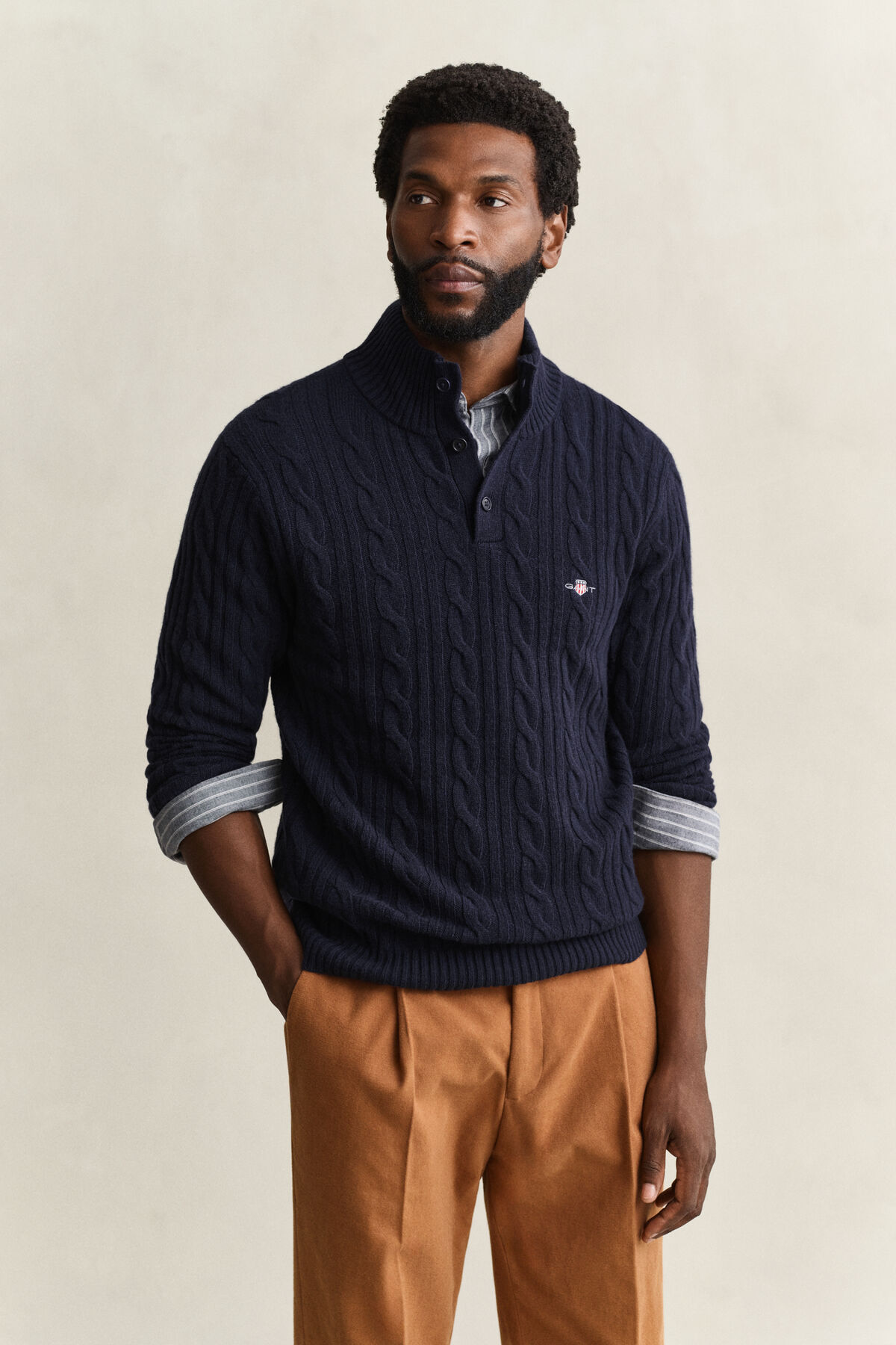 Lambswool Cable Knit Half-Buttoned Sweater — EVENING BLUE