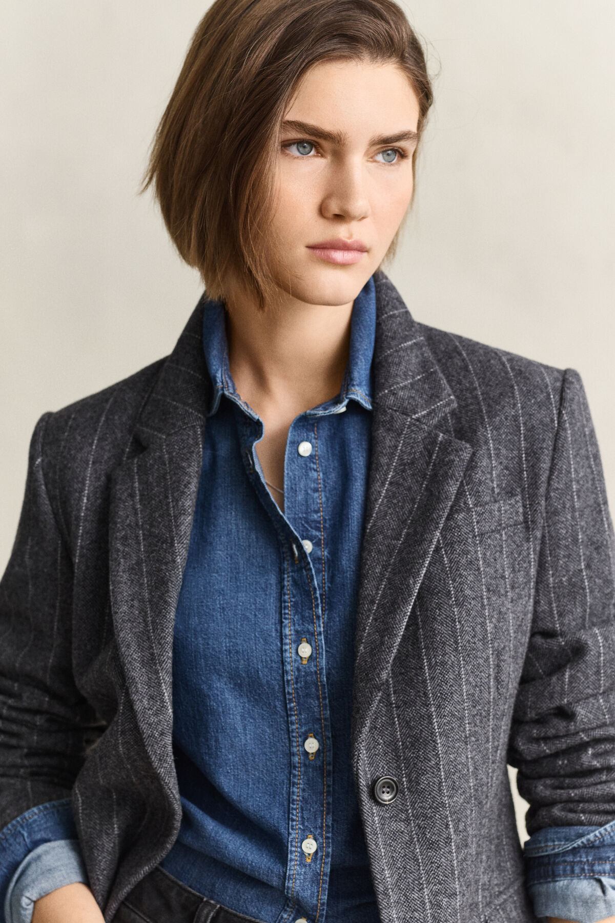 Pinstriped Hourglass Blazer — CHARCOAL MELANGE