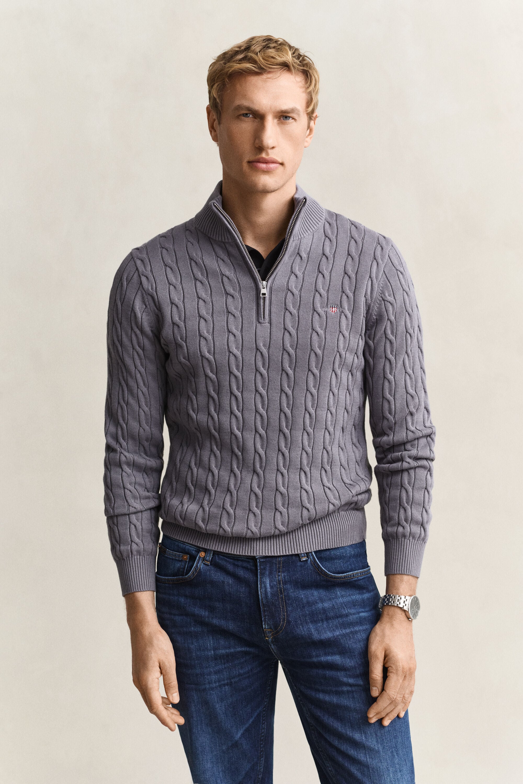 Cotton Cable Knit Half-Zip Sweater