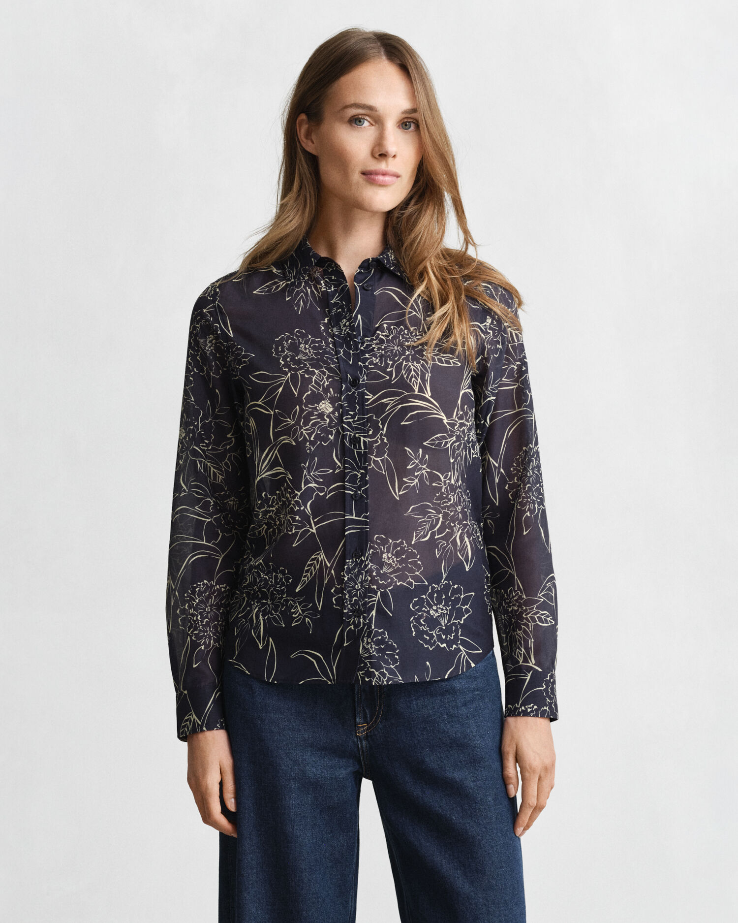 Regular Fit Floral Print Cotton Silk Shirt — EVENING BLUE