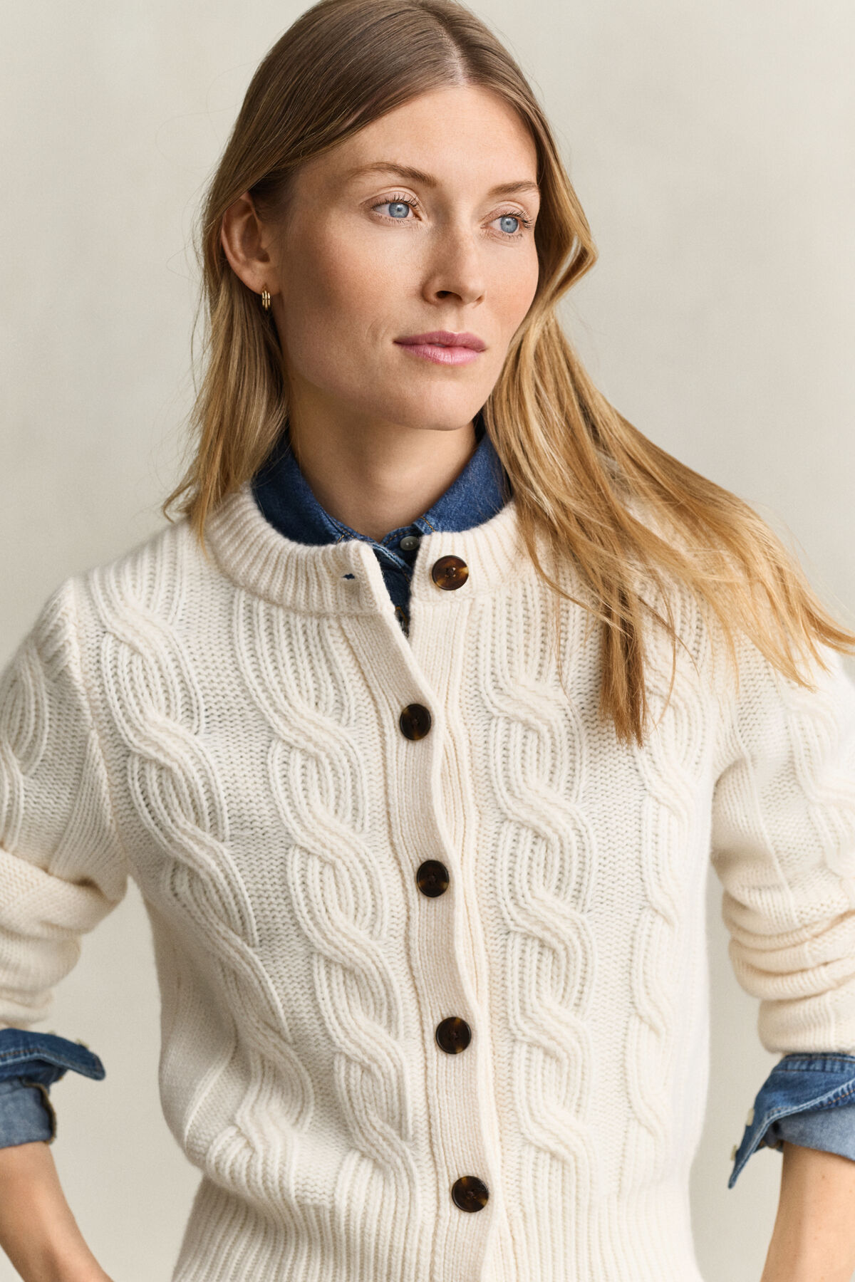 Wool Blend Cable Knit Cardigan — CREAM