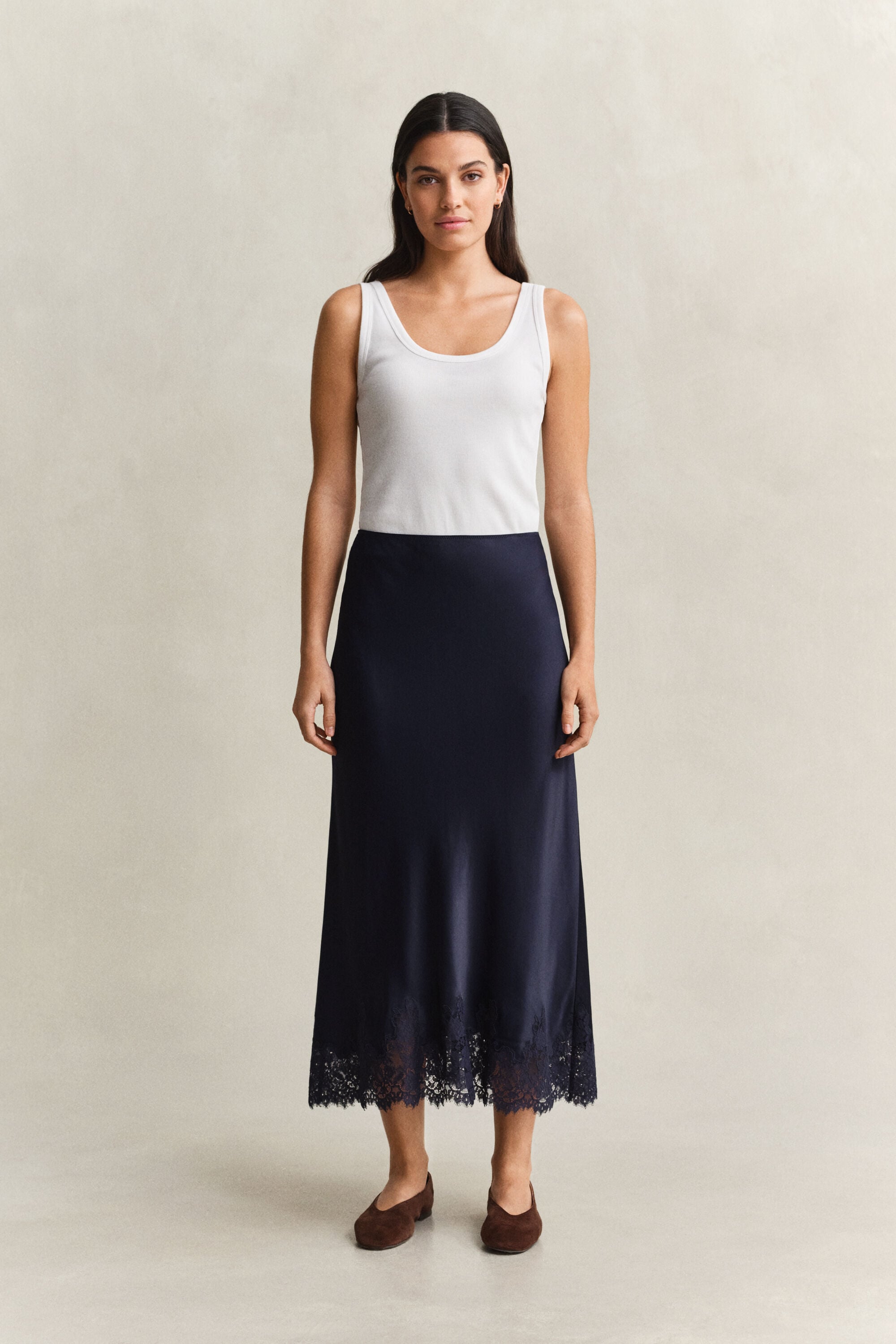 Satin Lace Midi Skirt