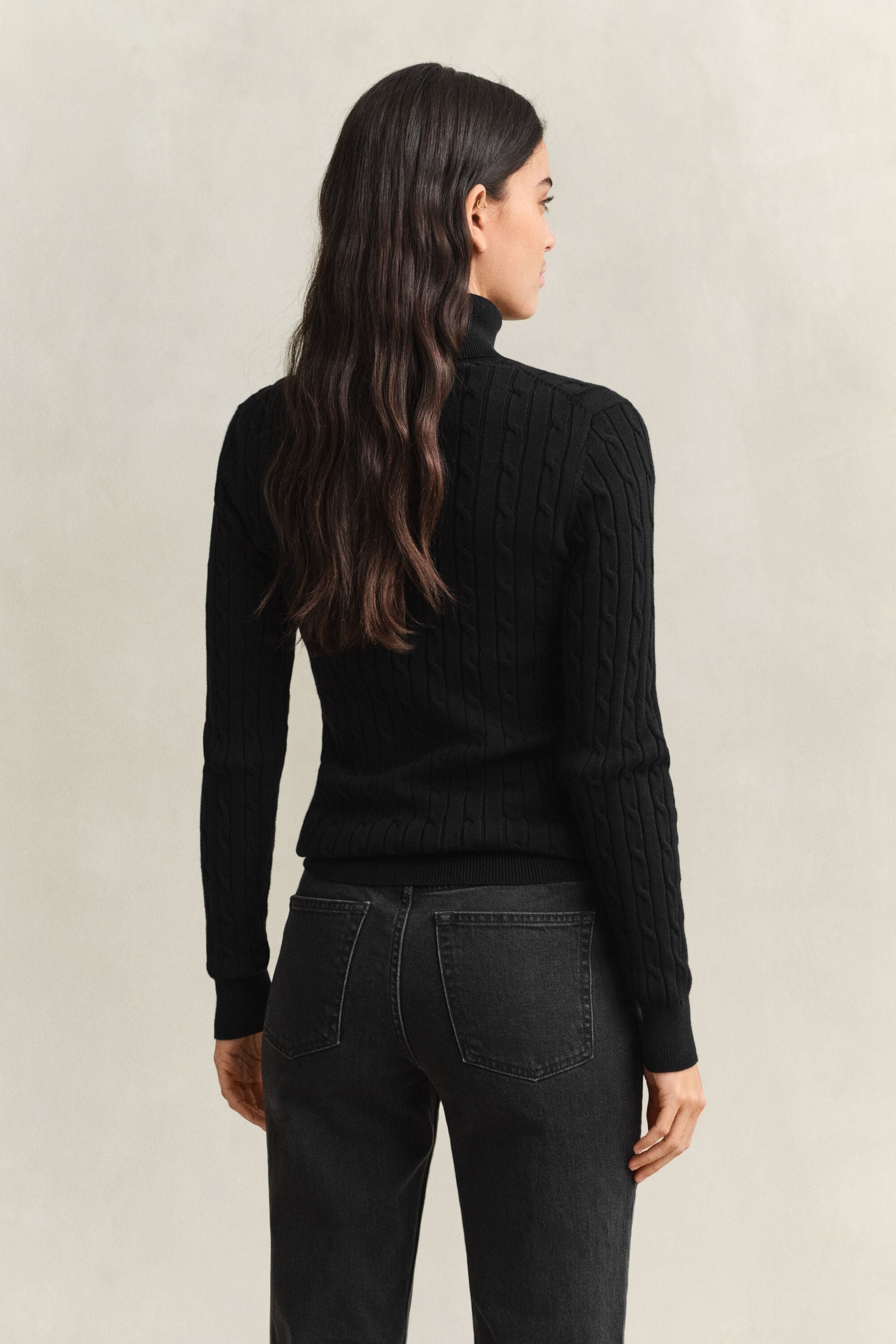 Stretch Cotton Cable Knit Turtleneck Sweater