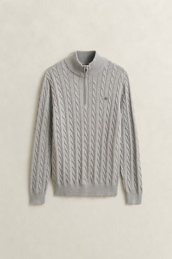 Cotton Cable Knit Half-Zip Sweater — GREY MELANGE