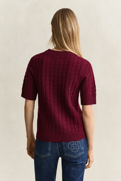Wool Cashmere Cable Knit Short Sleeve Sweater — DARKENED WINE 2