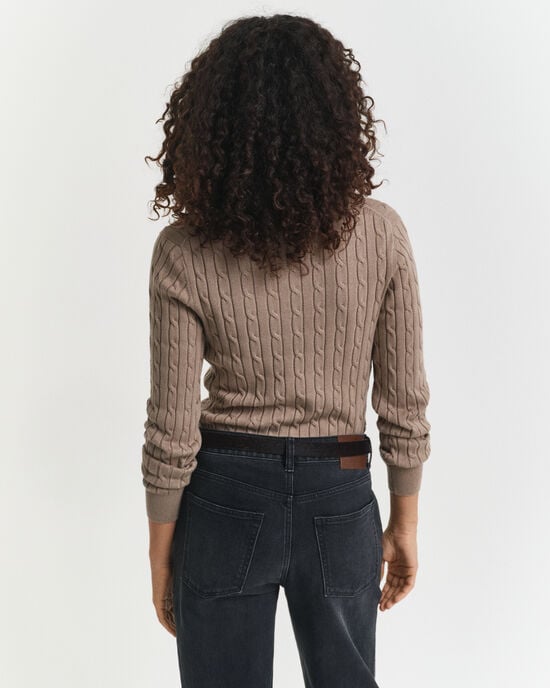 Stretch Cotton Cable Knit V-Neck Sweater