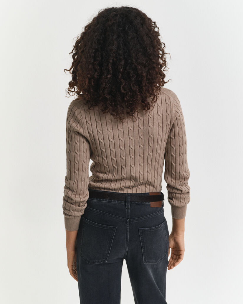 Stretch Cotton Cable Knit V-Neck Sweater