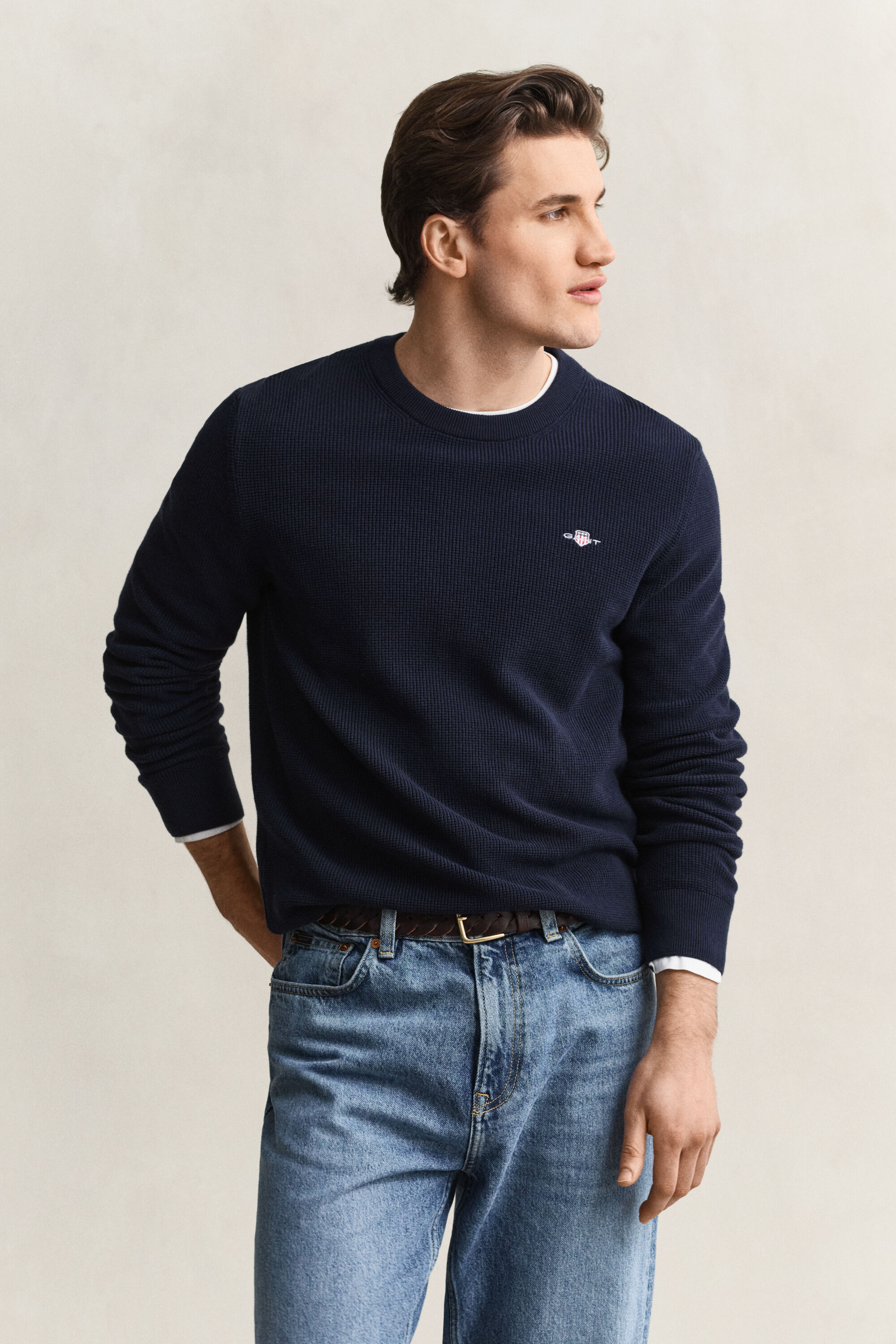 Textured Cotton Crew Neck Sweater