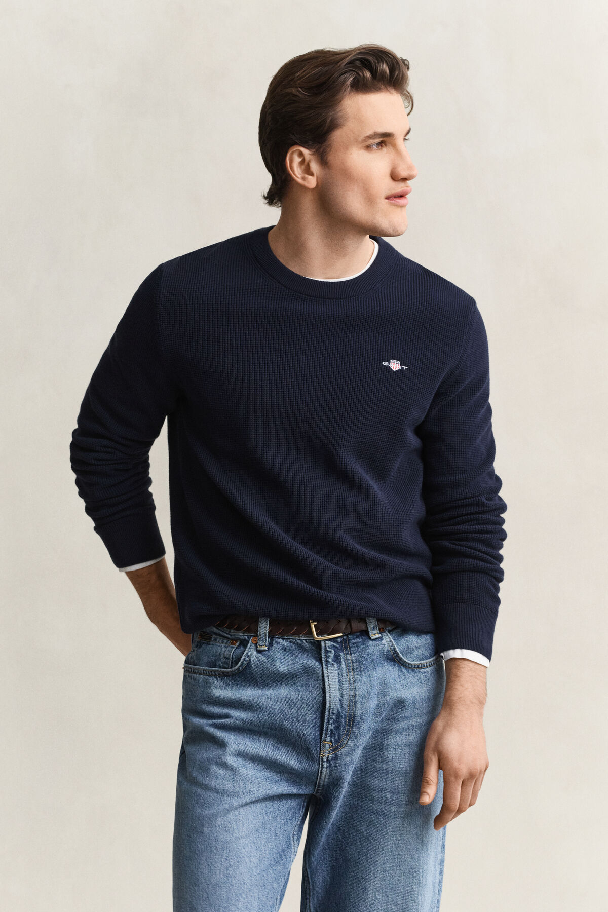 Textured Cotton Crew Neck Sweater — EVENING BLUE