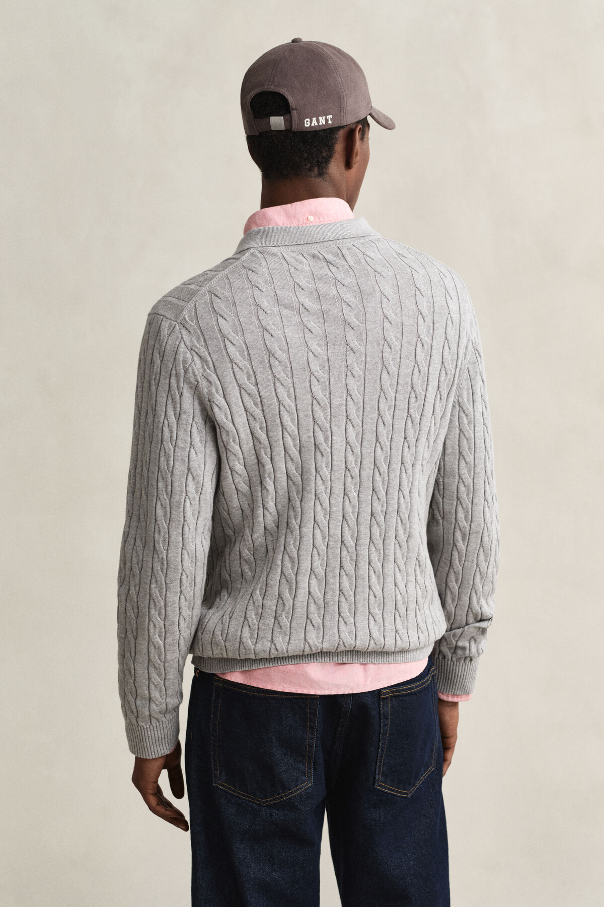 Cotton Cable Knit Polo Sweater — GREY MELANGE