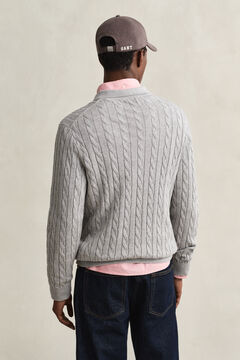 Cotton Cable Knit Polo Sweater — GREY MELANGE 2
