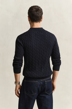 Cotton Cable Knit Polo Sweater — EVENING BLUE 2