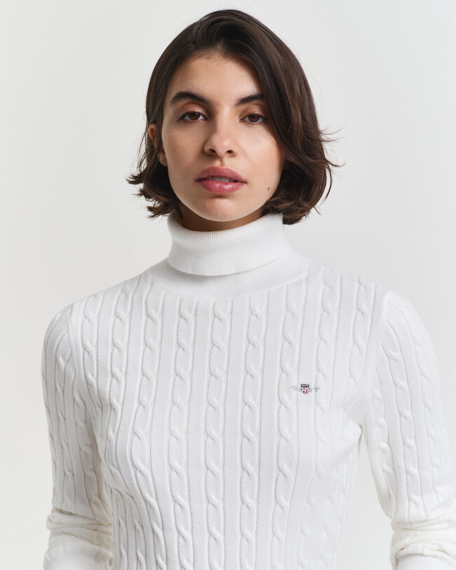 Stretch Cotton Cable Knit Turtleneck Sweater