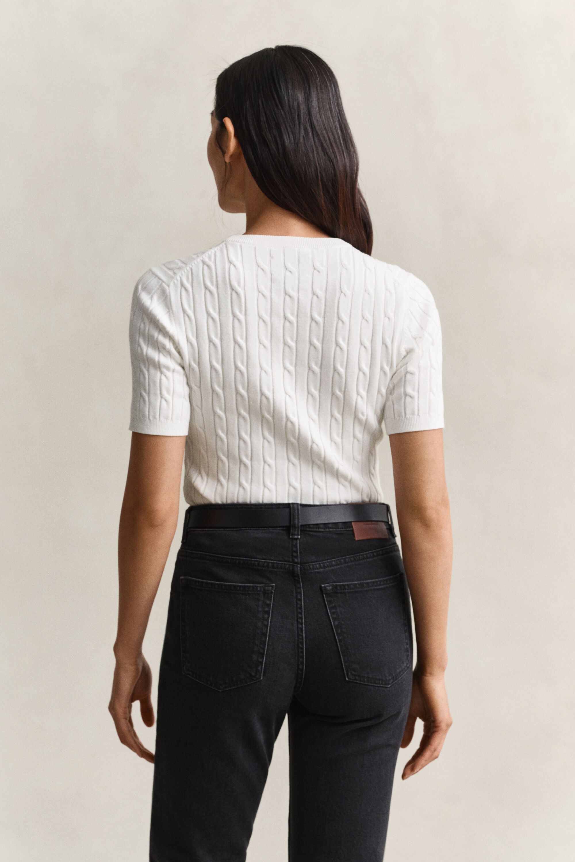 Stretch Cotton Cable Knit Short Sleeve Sweater