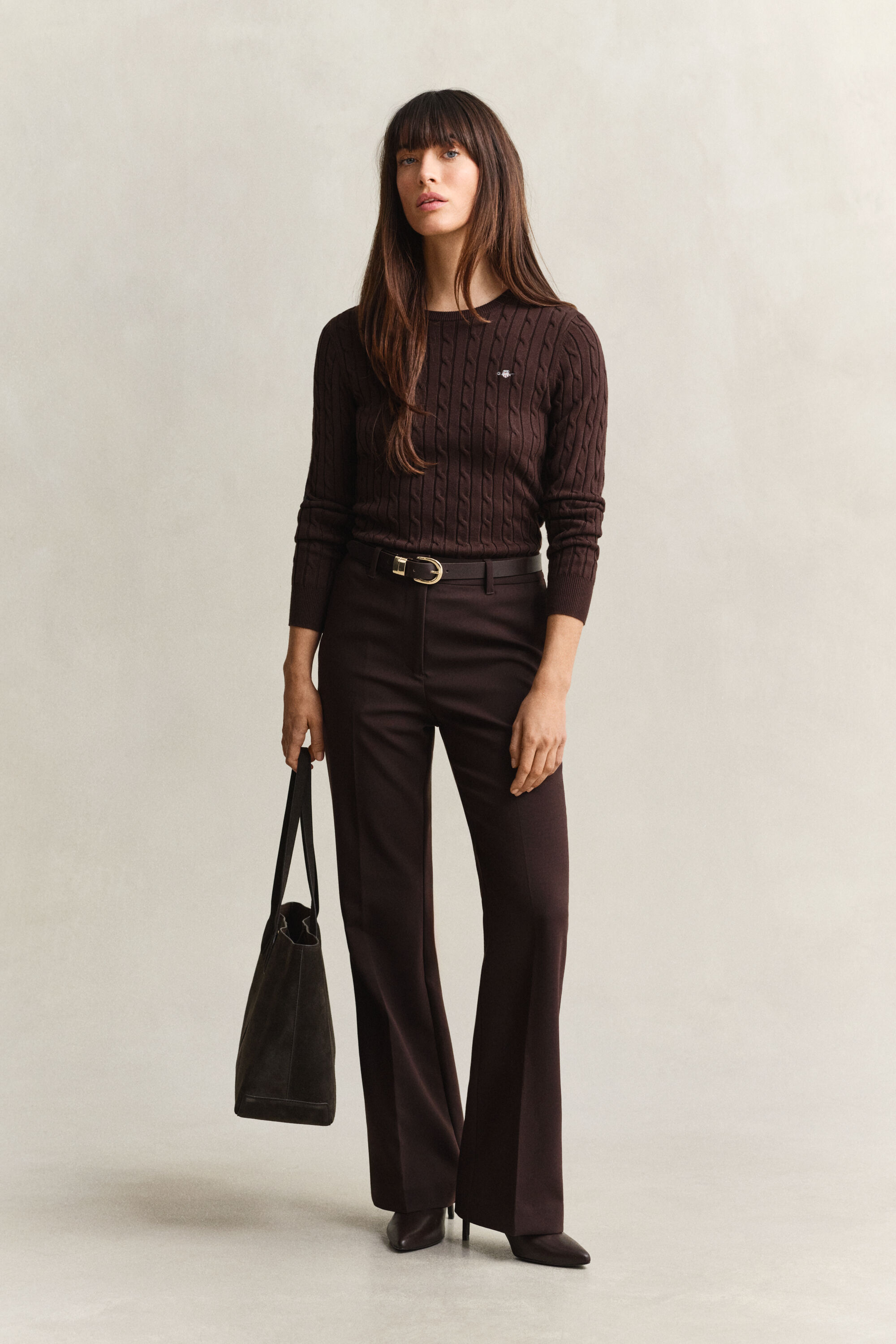 Stretch Cotton Cable Knit Crew Neck Sweater
