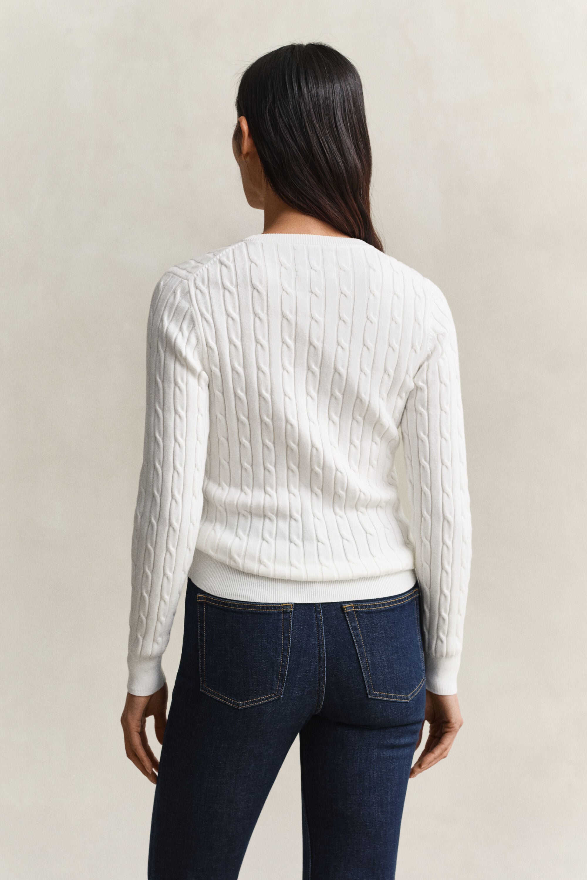 Stretch Cotton Cable Knit Crew Neck Sweater