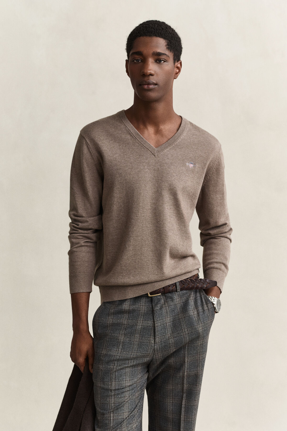 Cotton V-Neck Sweater — DK HAZELNUT MELANGE