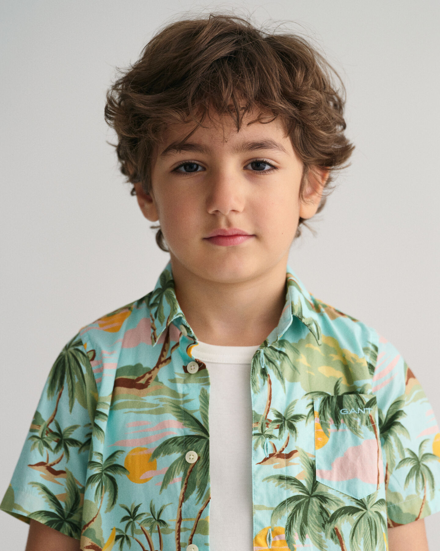 Kids Palm Print Cotton Short Sleeve Shirt