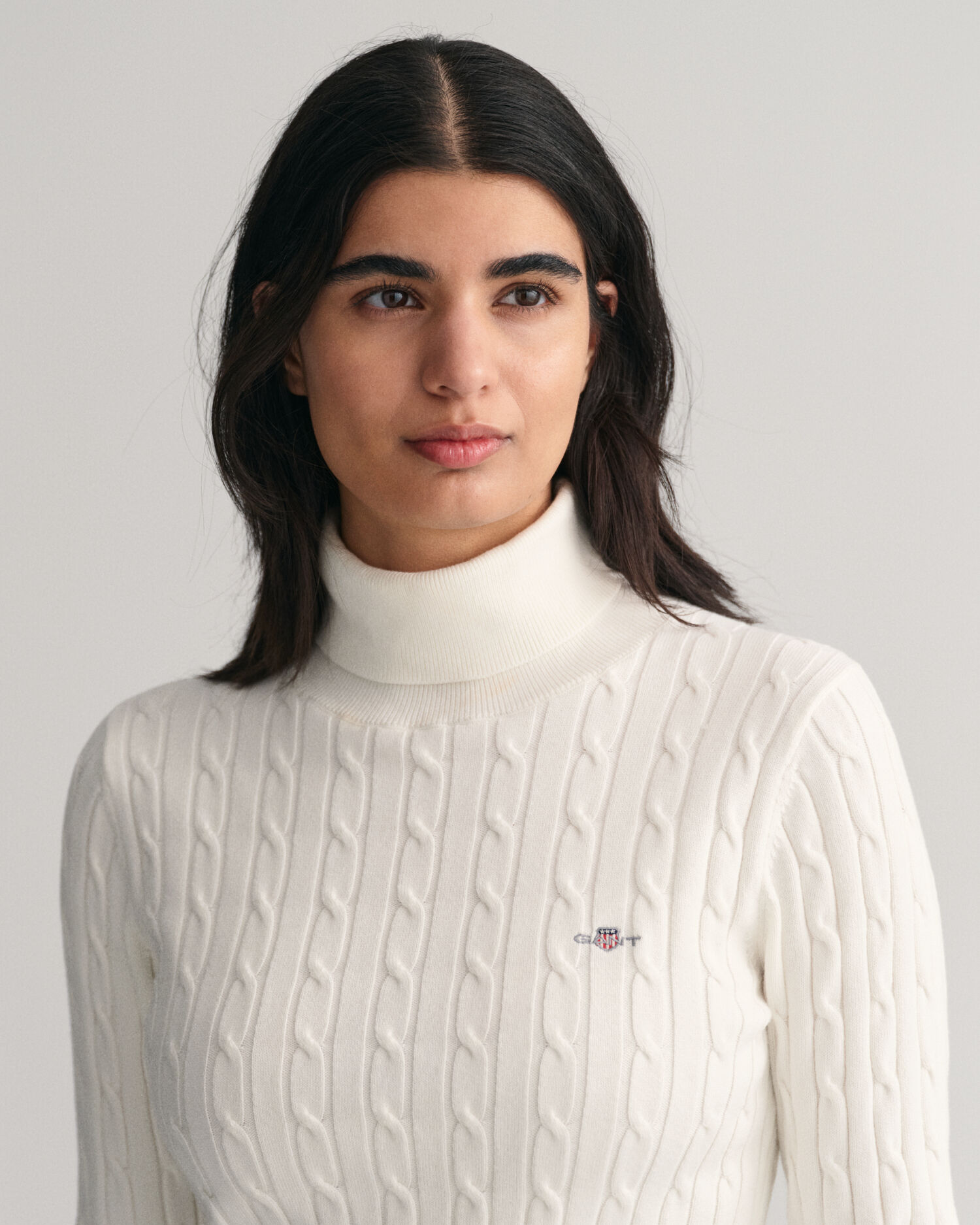 Stretch Cotton Cable Knit Turtleneck Sweater