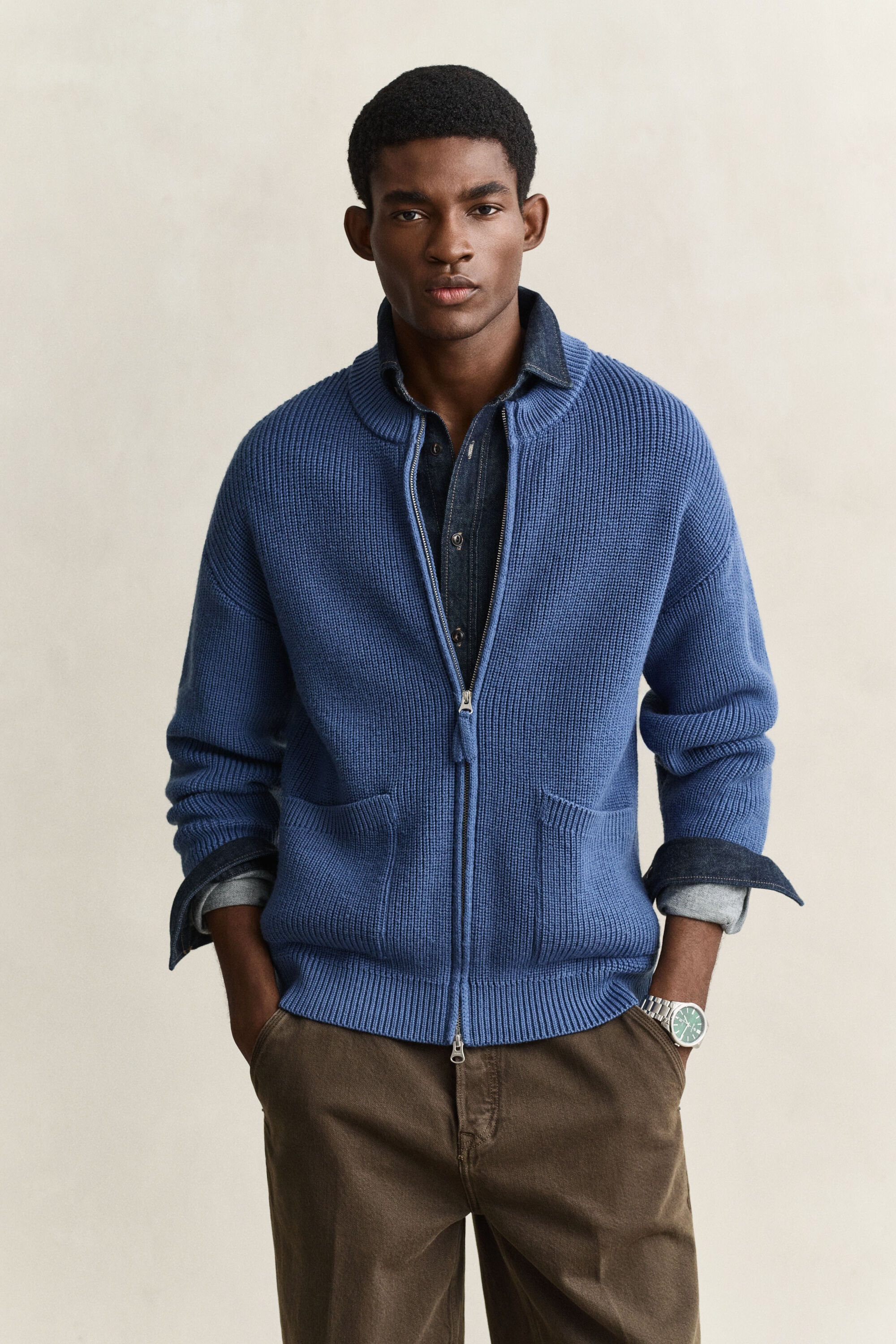 Ribbed Wool Zip Cardigan — BLUE HORIZON