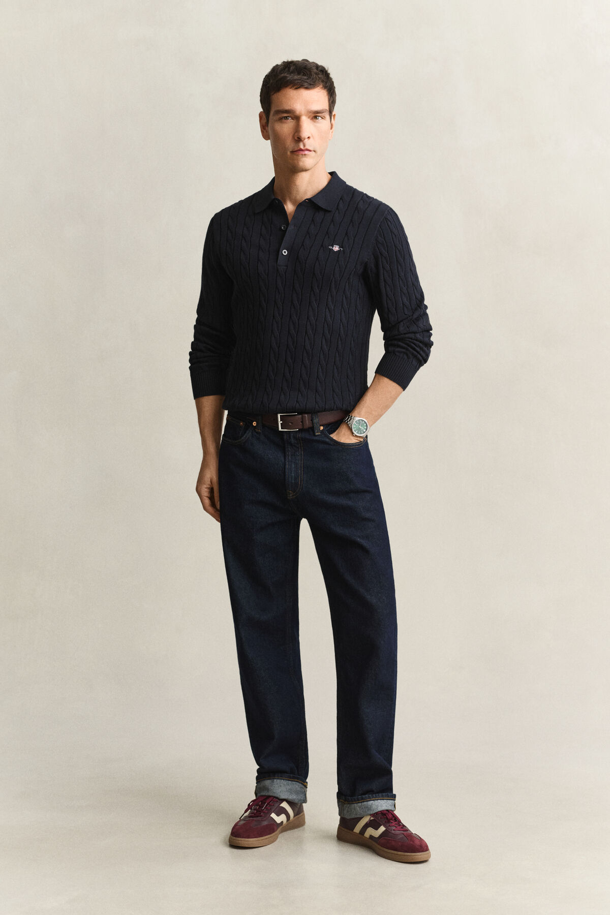 Cotton Cable Knit Polo Sweater — EVENING BLUE