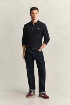 Cotton Cable Knit Polo Sweater — EVENING BLUE 5