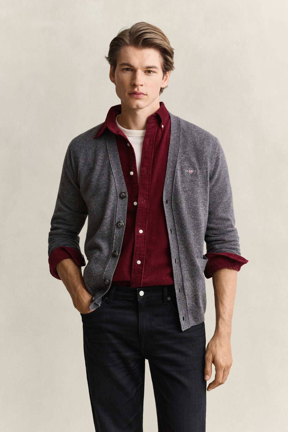 Lambswool V-Neck Cardigan — CHARCOAL MELANGE