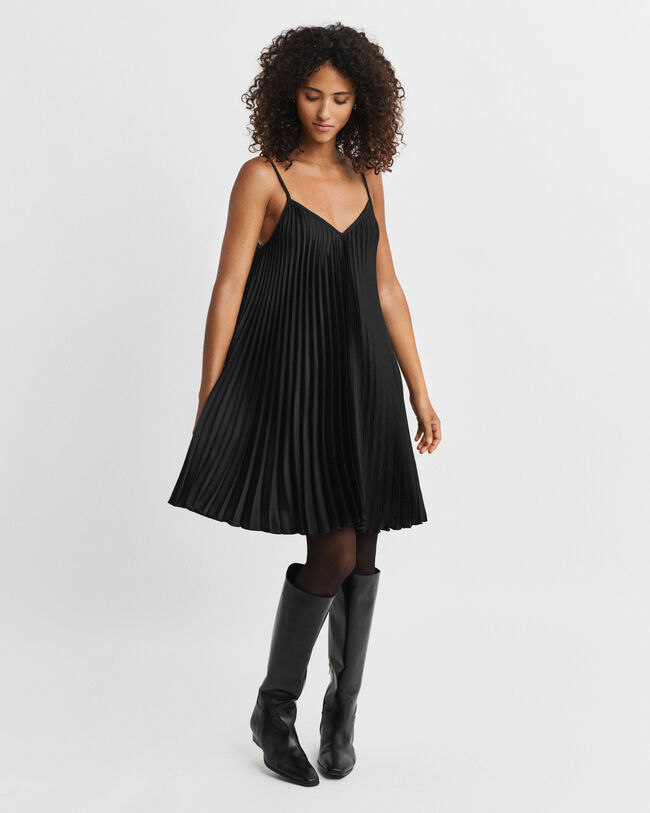 Pleated Sateen Mini Strap Dress