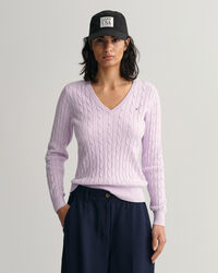 Stretch Cotton Cable Knit V-Neck Sweater