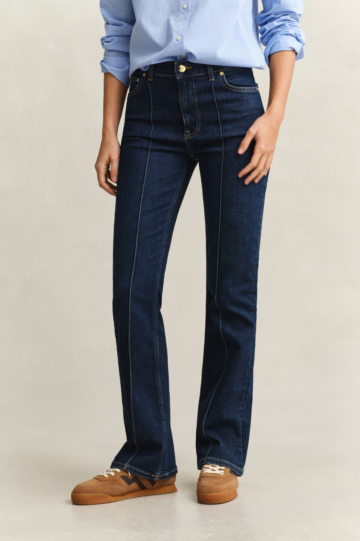 Slim Flared Pintuck Jeans — DARK BLUE BROKEN IN