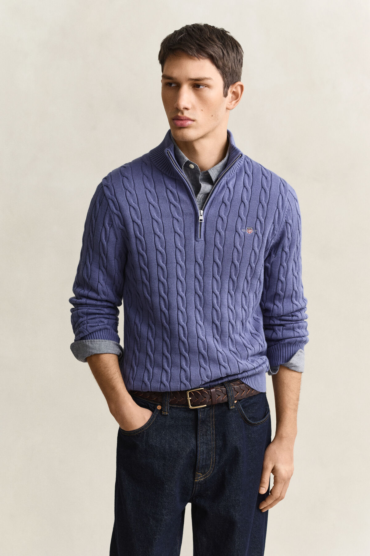Cotton Cable Knit Half-Zip Sweater — BLUE HORIZON