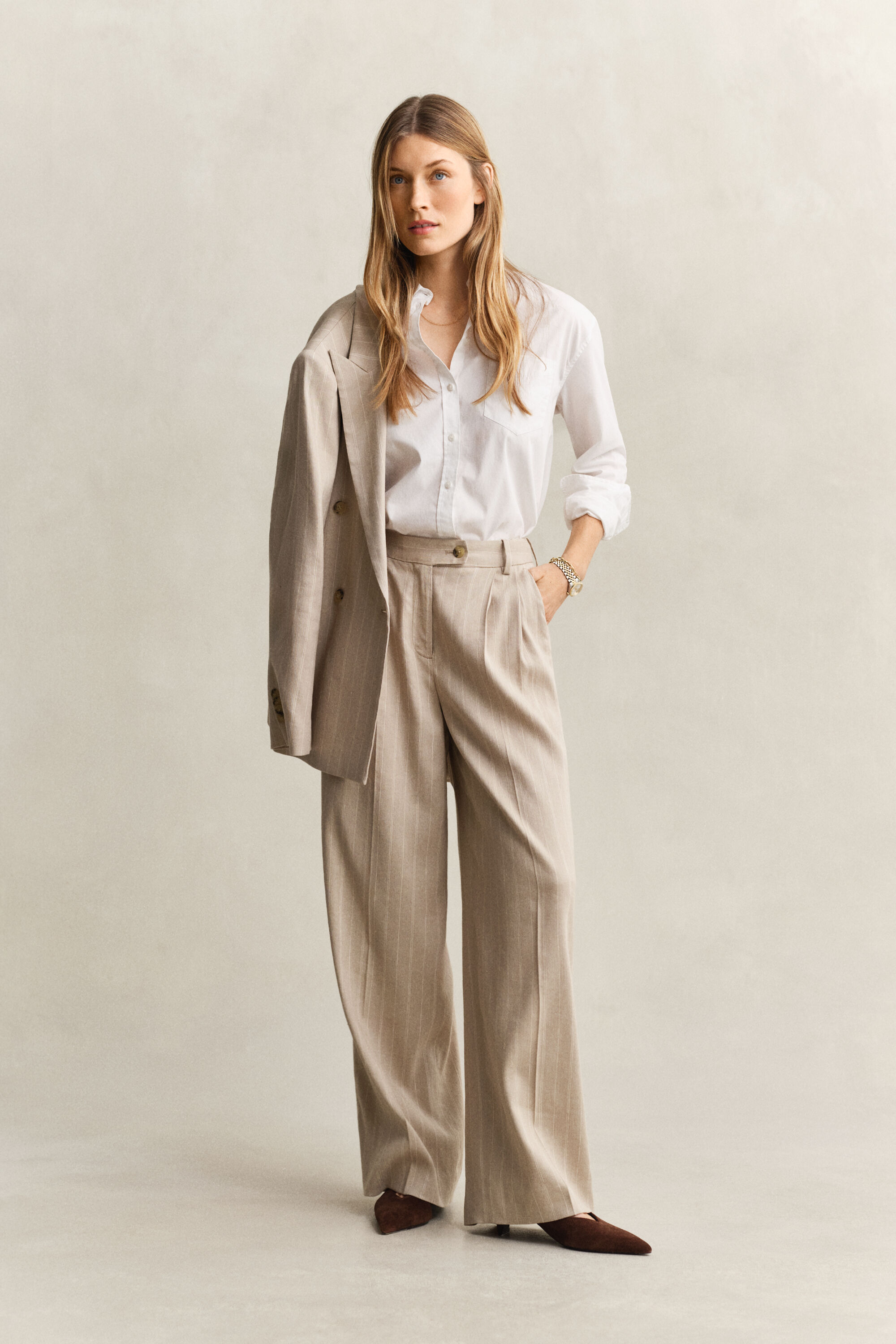 Pinstriped Linen Blend Pants