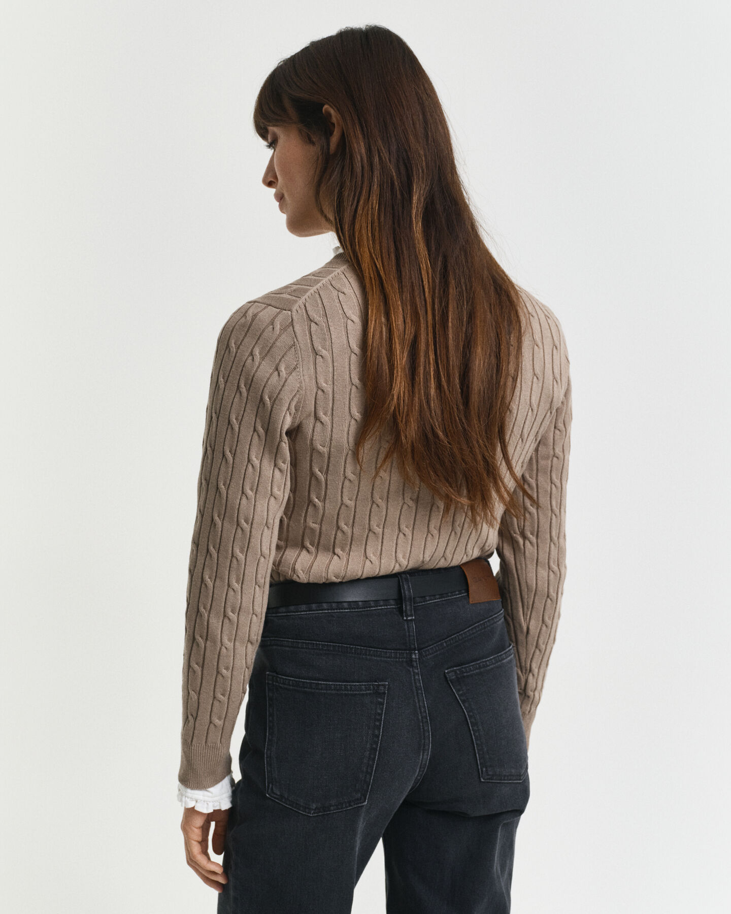 Stretch Cotton Cable Knit Crew Neck Sweater