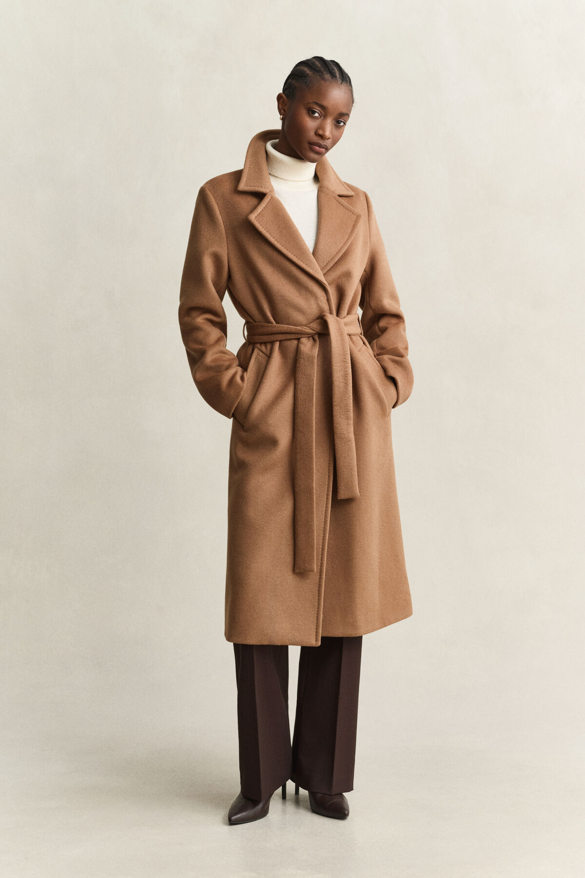 Belted Wool Blend Coat — ROASTED WALNUT