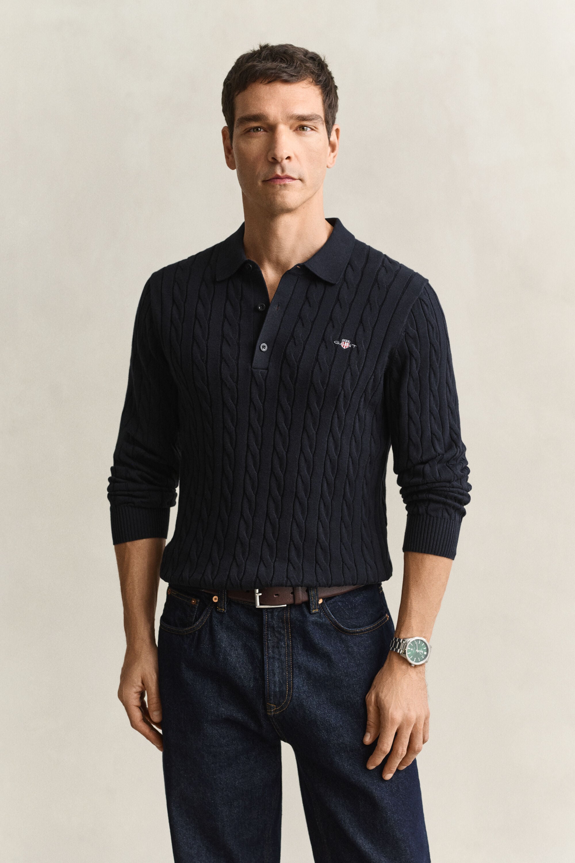 Cotton Cable Knit Polo Sweater