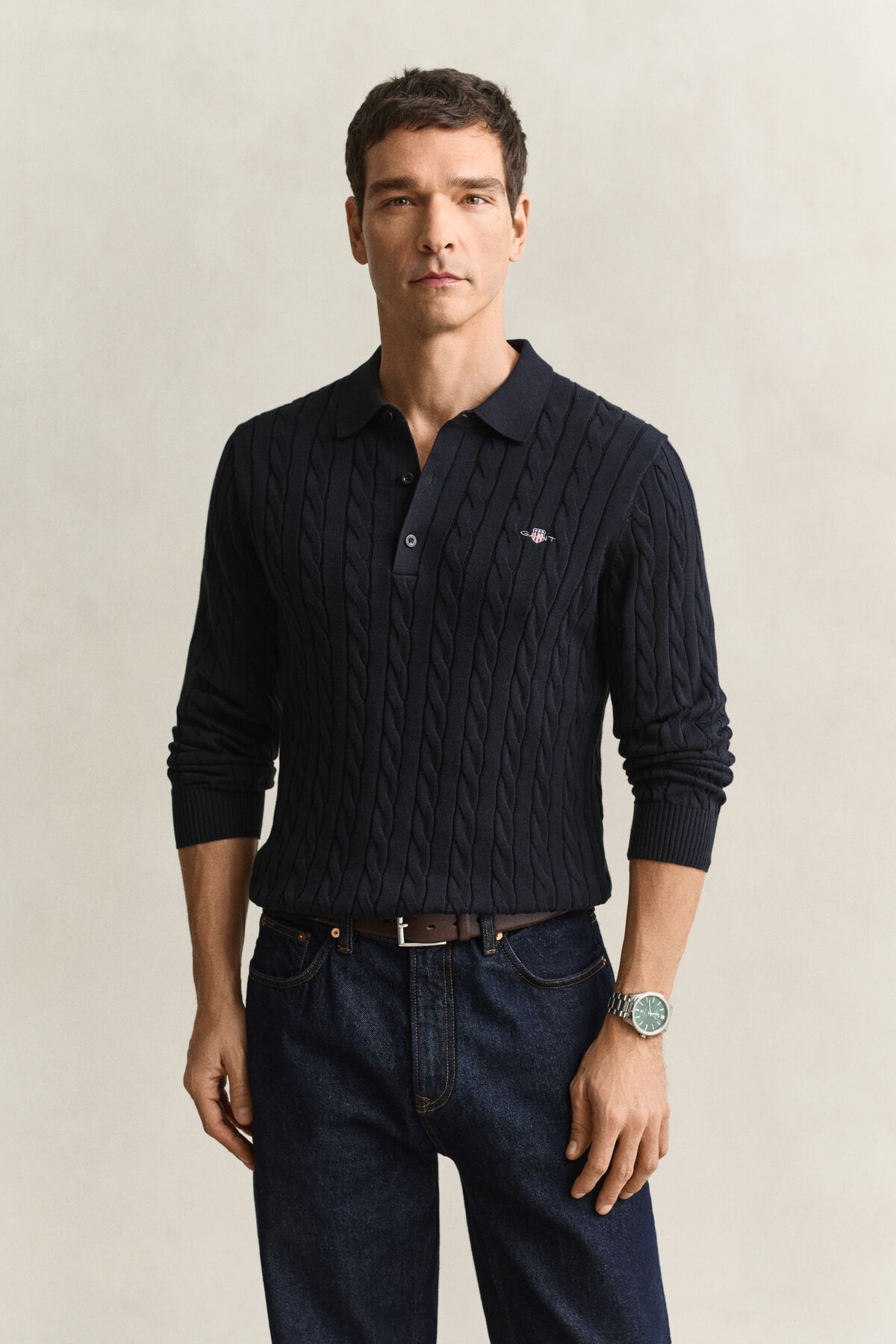 Cotton Cable Knit Polo Sweater — EVENING BLUE