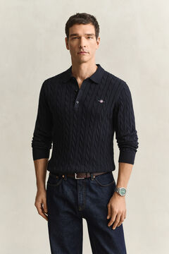 Cotton Cable Knit Polo Sweater — EVENING BLUE 4