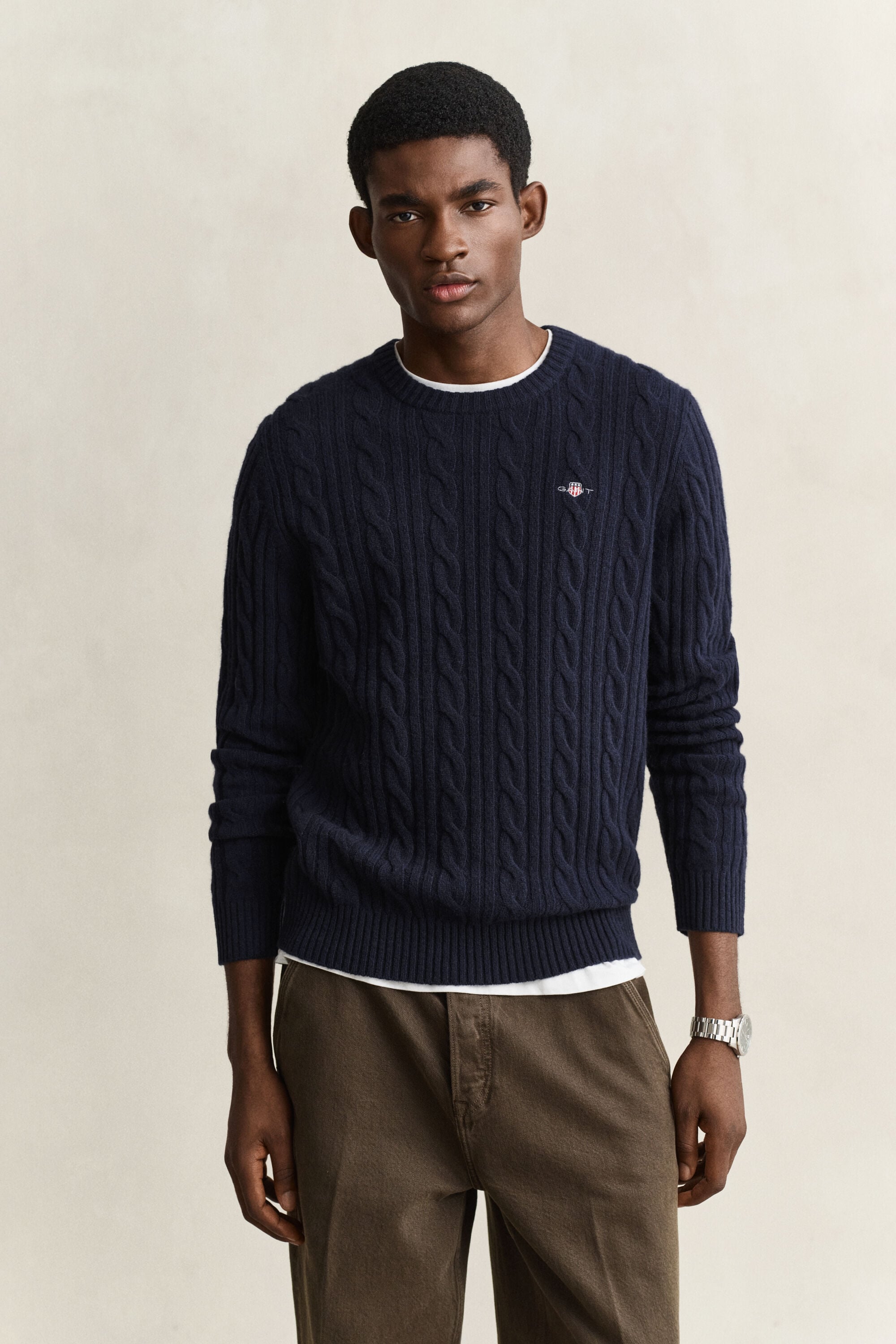 Lambswool Cable Knit Crew Neck Sweater — EVENING BLUE
