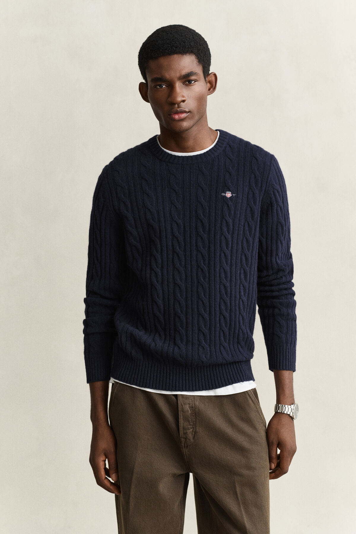 Lambswool Cable Knit Crew Neck Sweater — EVENING BLUE