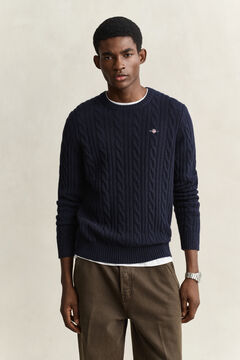 Lambswool Cable Knit Crew Neck Sweater — EVENING BLUE 4